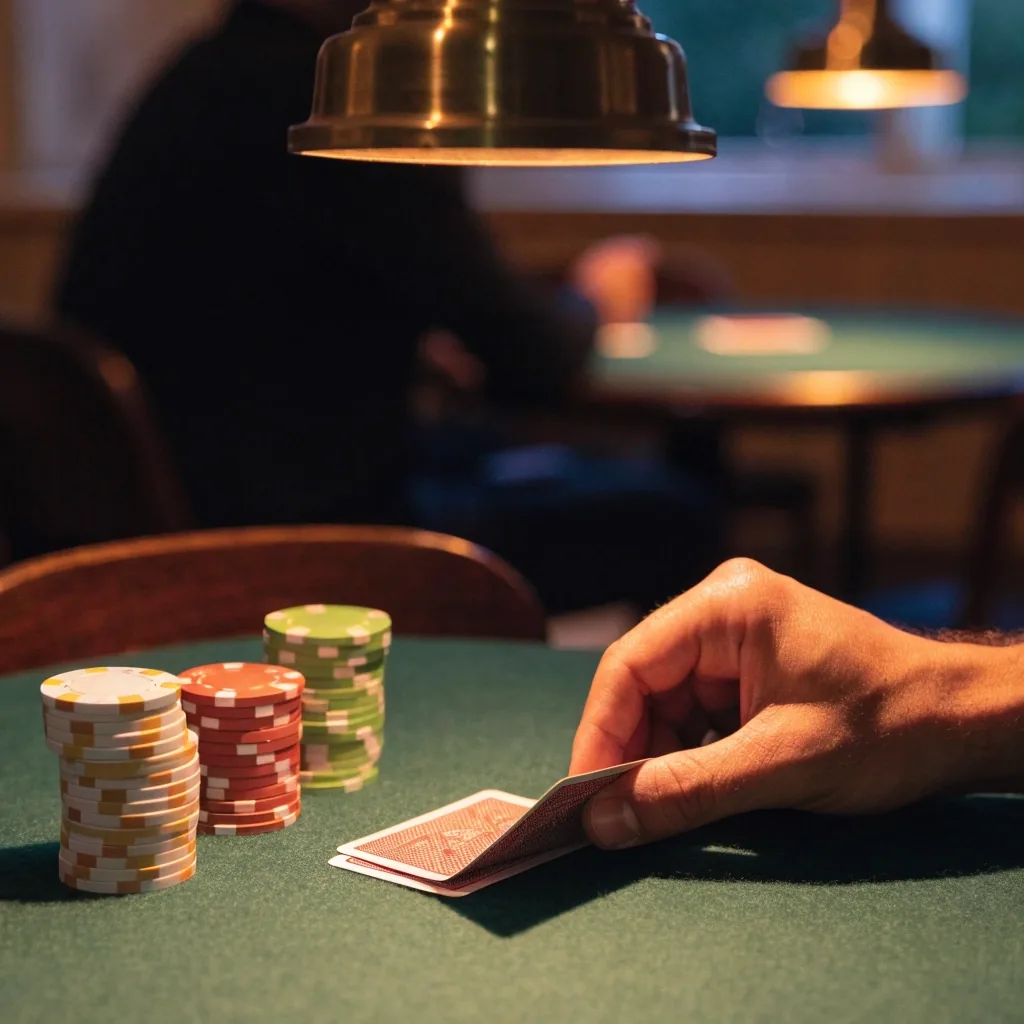 Dłoń układająca karty przy ciemnym stole w strefie cash game