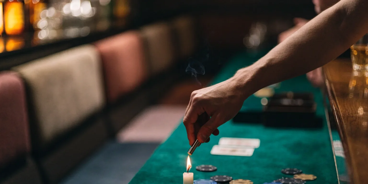 Lounge Rue Valence po ostatnim wieczorze — stolik do kart przygaszony na noc